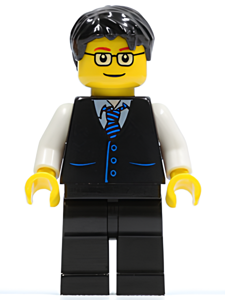 Минифигурка Lego Black Vest with Blue Striped Tie, Black Legs, White Arms, Black Short Tousled Hair, Glasses twn052